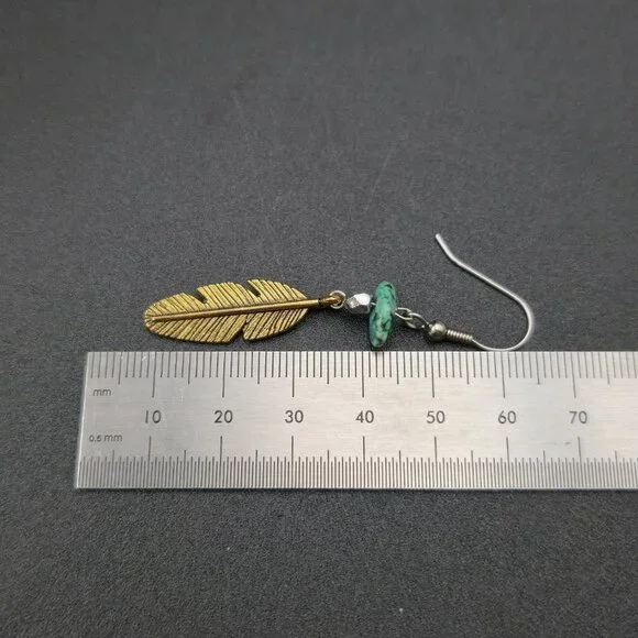 Silver Plated Turquoise Stone Brass Feather Earrings A6985 - Picture 4 of 5